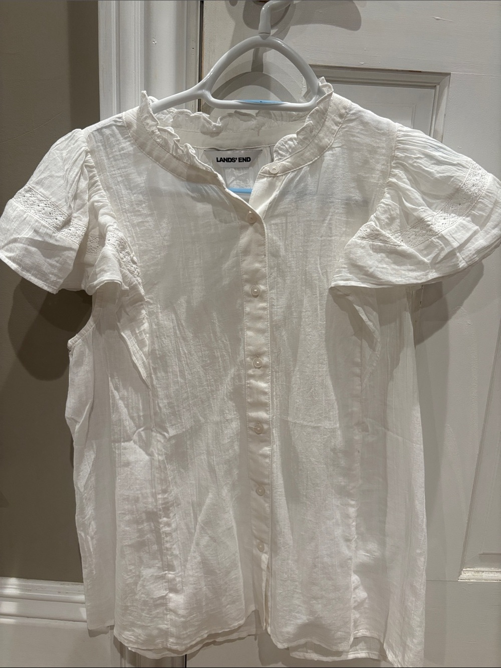 Lands' End White Short Ruffle-Sleeve Button-Down Shirt
